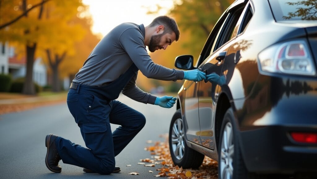 A professional mobile mechanic working on a sedan parked on a roadside in Greensboro, NC.