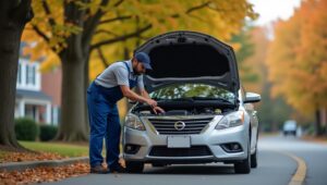 A professional mobile mechanic working on a sedan parked on a roadside in Greensboro, NC. Background includes a tree-lined street and suburban homes with fall colors, capturing a sense of fast, local, and convenient service.

